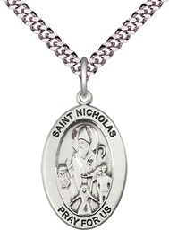 [11080SS/24S] Sterling Silver Saint Nicholas Pendant on a 24 inch Light Rhodium Heavy Curb chain