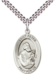 [11090SS/24S] Sterling Silver Saint Peter the Apostle Pendant on a 24 inch Light Rhodium Heavy Curb chain