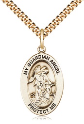 [11118GF/24G] 14kt Gold Filled Guardian Angel w/Child Pendant on a 24 inch Gold Plate Heavy Curb chain
