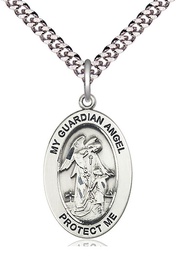 [11118SS/24S] Sterling Silver Guardian Angel w/Child Pendant on a 24 inch Light Rhodium Heavy Curb chain