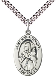 [11208SS/24S] Sterling Silver Saint Maria Goretti Pendant on a 24 inch Light Rhodium Heavy Curb chain