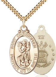 [1175GF1/24G] 14kt Gold Filled Saint Christopher Air Force Pendant on a 24 inch Gold Plate Heavy Curb chain