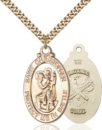 [1175GF5/24G] 14kt Gold Filled Saint Christopher National Guard Pendant on a 24 inch Gold Plate Heavy Curb chain