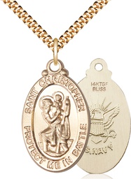[1175GF6/24G] 14kt Gold Filled Saint Christopher Navy Pendant on a 24 inch Gold Plate Heavy Curb chain