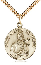 [1196GF/24G] 14kt Gold Filled Saint Martin de Porres Pendant on a 24 inch Gold Plate Heavy Curb chain