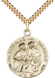 [1368GF/24G] 14kt Gold Filled Saints Cosmas &amp; Damian Pendant on a 24 inch Gold Plate Heavy Curb chain