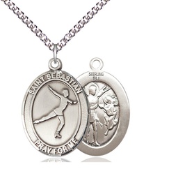 [7177SS/24SS] Sterling Silver Saint Sebastian Figure Skating Pendant on a 24 inch Sterling Silver Heavy Curb chain