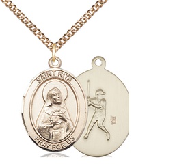 [7181GF/24GF] 14kt Gold Filled Saint Rita Baseball Pendant on a 24 inch Gold Filled Heavy Curb chain