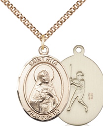 [7181GF/24GF] 14kt Gold Filled Saint Rita Baseball Pendant on a 24 inch Gold Filled Heavy Curb chain