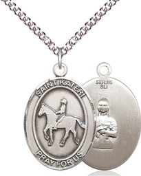 [7182SS/24SS] Sterling Silver Saint Kateri Equestrian Pendant on a 24 inch Sterling Silver Heavy Curb chain