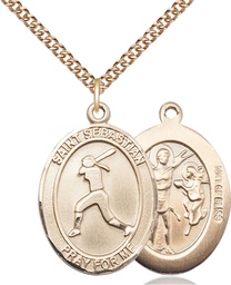 [7183GF/24GF] 14kt Gold Filled Saint Sebastian  Softball Pendant on a 24 inch Gold Filled Heavy Curb chain