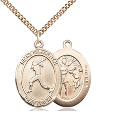 [7183GF/24GF] 14kt Gold Filled Saint Sebastian  Softball Pendant on a 24 inch Gold Filled Heavy Curb chain