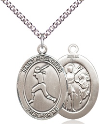 [7183SS/24SS] Sterling Silver Saint Sebastian  Softball Pendant on a 24 inch Sterling Silver Heavy Curb chain