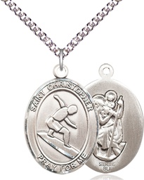 [7184SS/24SS] Sterling Silver Saint Christopher Surfing Pendant on a 24 inch Sterling Silver Heavy Curb chain