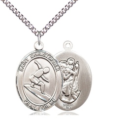 [7184SS/24SS] Sterling Silver Saint Christopher Surfing Pendant on a 24 inch Sterling Silver Heavy Curb chain