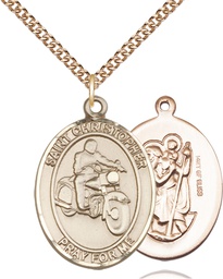 [7185GF/24GF] 14kt Gold Filled Saint Christopher Motorcycle Pendant on a 24 inch Gold Filled Heavy Curb chain