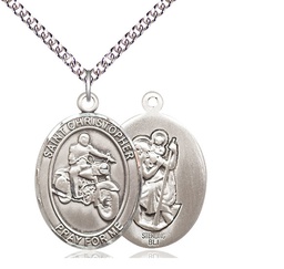 [7185SS/24SS] Sterling Silver Saint Christopher Motorcycle Pendant on a 24 inch Sterling Silver Heavy Curb chain