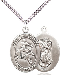 [7185SS/24SS] Sterling Silver Saint Christopher Motorcycle Pendant on a 24 inch Sterling Silver Heavy Curb chain