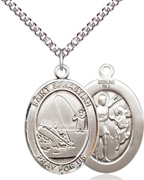 [7188SS/24SS] Sterling Silver Saint Sebastian Fishing Pendant on a 24 inch Sterling Silver Heavy Curb chain