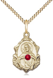 [0822SGF-STN7/18G] 14kt Gold Filled Scapular w/ Ruby Stone Pendant with a 3mm Ruby Swarovski stone on a 18 inch Gold Plate Light Curb chain