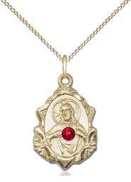 [0822SGF-STN7/18GF] 14kt Gold Filled Scapular w/ Ruby Stone Pendant with a 3mm Ruby Swarovski stone on a 18 inch Gold Filled Light Curb chain