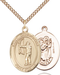 [7190GF/24GF] 14kt Gold Filled Saint Christopher Archery Pendant on a 24 inch Gold Filled Heavy Curb chain