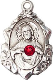 [0822SSS-STN7] Sterling Silver Scapular w/ Ruby Stone Medal with a 3mm Ruby Swarovski stone