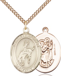 [7192GF/24GF] 14kt Gold Filled Saint Christopher Rodeo Pendant on a 24 inch Gold Filled Heavy Curb chain