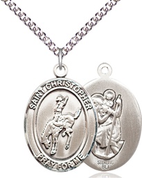 [7192SS/24SS] Sterling Silver Saint Christopher Rodeo Pendant on a 24 inch Sterling Silver Heavy Curb chain