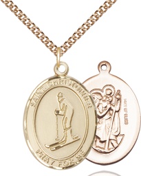 [7193GF/24GF] 14kt Gold Filled Saint Christopher Skiing Pendant on a 24 inch Gold Filled Heavy Curb chain