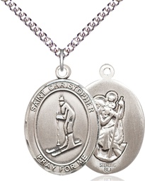 [7193SS/24SS] Sterling Silver Saint Christopher Skiing Pendant on a 24 inch Sterling Silver Heavy Curb chain