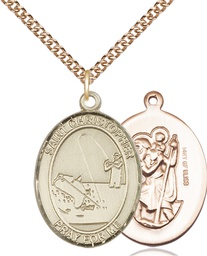 [7196GF/24GF] 14kt Gold Filled Saint Christopher Fishing Pendant on a 24 inch Gold Filled Heavy Curb chain