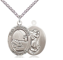[7196SS/24SS] Sterling Silver Saint Christopher Fishing Pendant on a 24 inch Sterling Silver Heavy Curb chain