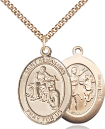 [7197GF/24GF] 14kt Gold Filled Saint Sebastian Motorcycle Pendant on a 24 inch Gold Filled Heavy Curb chain