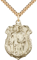 [5694GF/24G] 14kt Gold Filled Saint Michael the Archangel Police Shield Pendant on a 24 inch Gold Plate Heavy Curb chain
