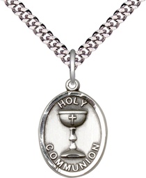 [0876SS/24S] Sterling Silver Holy Communion Pendant on a 24 inch Light Rhodium Heavy Curb chain