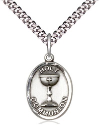 [0876SS/24S] Sterling Silver Holy Communion Pendant on a 24 inch Light Rhodium Heavy Curb chain