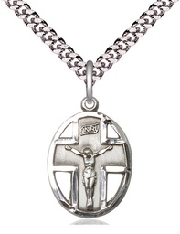 [0878SS/24S] Sterling Silver Crucifix Pendant on a 24 inch Light Rhodium Heavy Curb chain