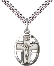 [0878SS/24S] Sterling Silver Crucifix Pendant on a 24 inch Light Rhodium Heavy Curb chain