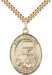 [7013GF/24G] 14kt Gold Filled Saint Benjamin Pendant on a 24 inch Gold Plate Heavy Curb chain
