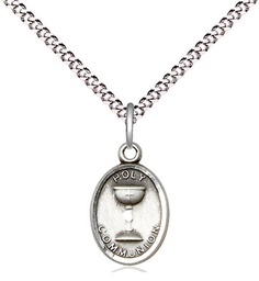 [0976SS/18S] Sterling Silver Holy Communion Pendant on a 18 inch Light Rhodium Light Curb chain