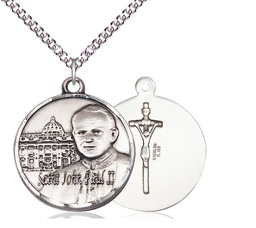 [1013SS/24SS] Sterling Silver Saint John Paul II Vatican Pendant on a 24 inch Sterling Silver Heavy Curb chain