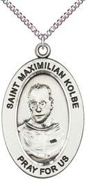 [11073SS/24SS] Sterling Silver Saint Maximilian Kolbe Pendant on a 24 inch Sterling Silver Heavy Curb chain