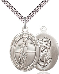 [7138SS/24S] Sterling Silver Saint Christopher Volleyball Pendant on a 24 inch Light Rhodium Heavy Curb chain