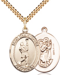 [7144GF/24G] 14kt Gold Filled Saint Christopher Lacrosse Pendant on a 24 inch Gold Plate Heavy Curb chain