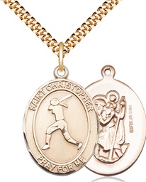 [7145GF/24G] 14kt Gold Filled Saint Christopher Softball Pendant on a 24 inch Gold Plate Heavy Curb chain