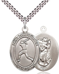 [7145SS/24S] Sterling Silver Saint Christopher Softball Pendant on a 24 inch Light Rhodium Heavy Curb chain