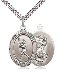[7150SS/24S] Sterling Silver Saint Christopher Baseball Pendant on a 24 inch Light Rhodium Heavy Curb chain