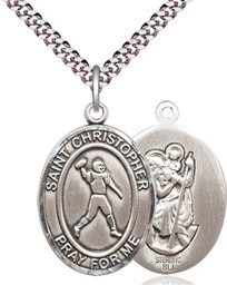 [7151SS/24S] Sterling Silver Saint Christopher Football Pendant on a 24 inch Light Rhodium Heavy Curb chain