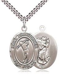 [7152SS/24S] Sterling Silver Saint Christopher Golf Pendant on a 24 inch Light Rhodium Heavy Curb chain
